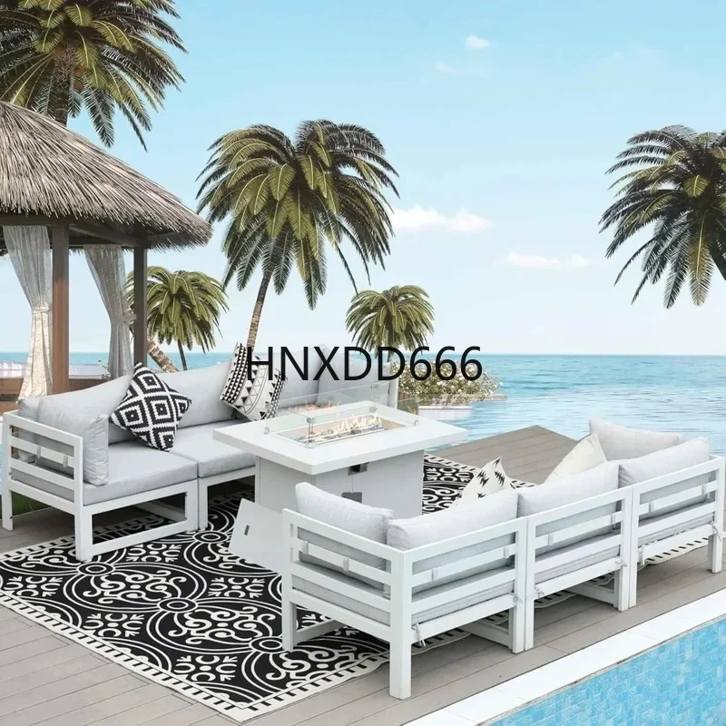 Outdoor Furniture Set With Fire Pit - ชุดเฟอร์นิเจอร์อลูมิเนียมสำหรับลานกลางแจ้ง 7 ชิ้น พร้อมโต๊ะเตาผิงแบบปรับเปลี่ยนได้ขนาด 43 นิ้ว