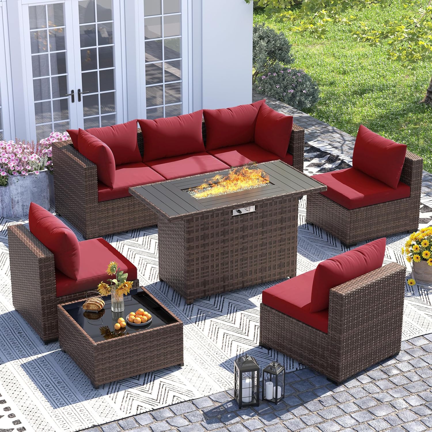 Outdoor Furniture Set With Fire Pit - ชุดโซฟาหวาย 8 ชิ้น สำหรับทุกสภาพอากาศ พร้อมโต๊ะเตาผิง สำหรับสวน