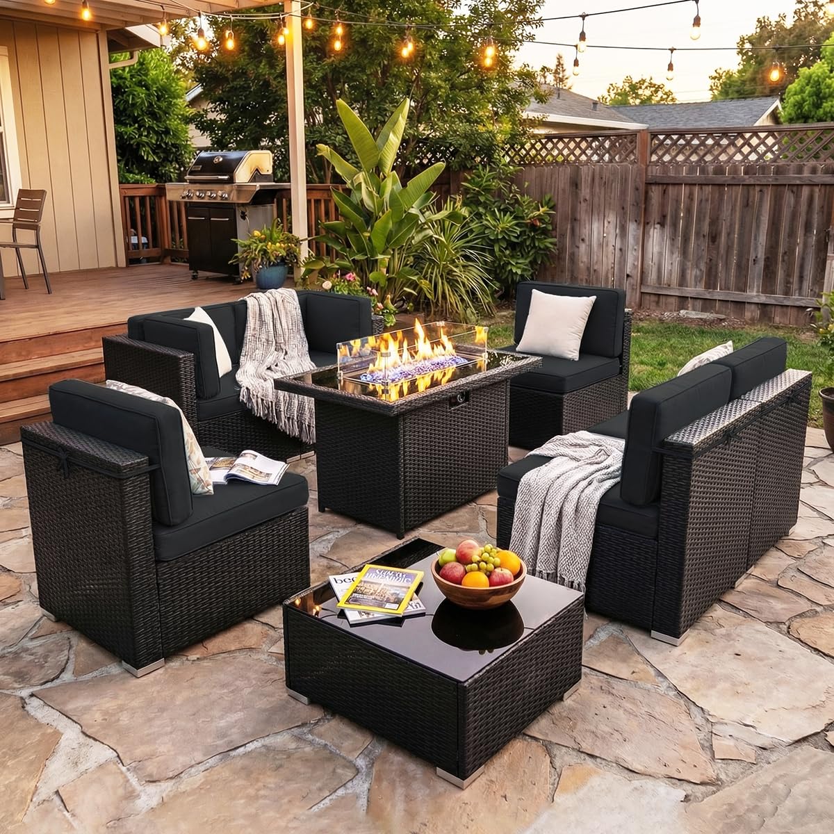 Outdoor Furniture Set With Fire Pit - ชุดเฟอร์นิเจอร์ลานบ้าน 8 ชิ้น พร้อมโต๊ะเตาแก๊สโพรเพนขนาด 44 นิ้ว,