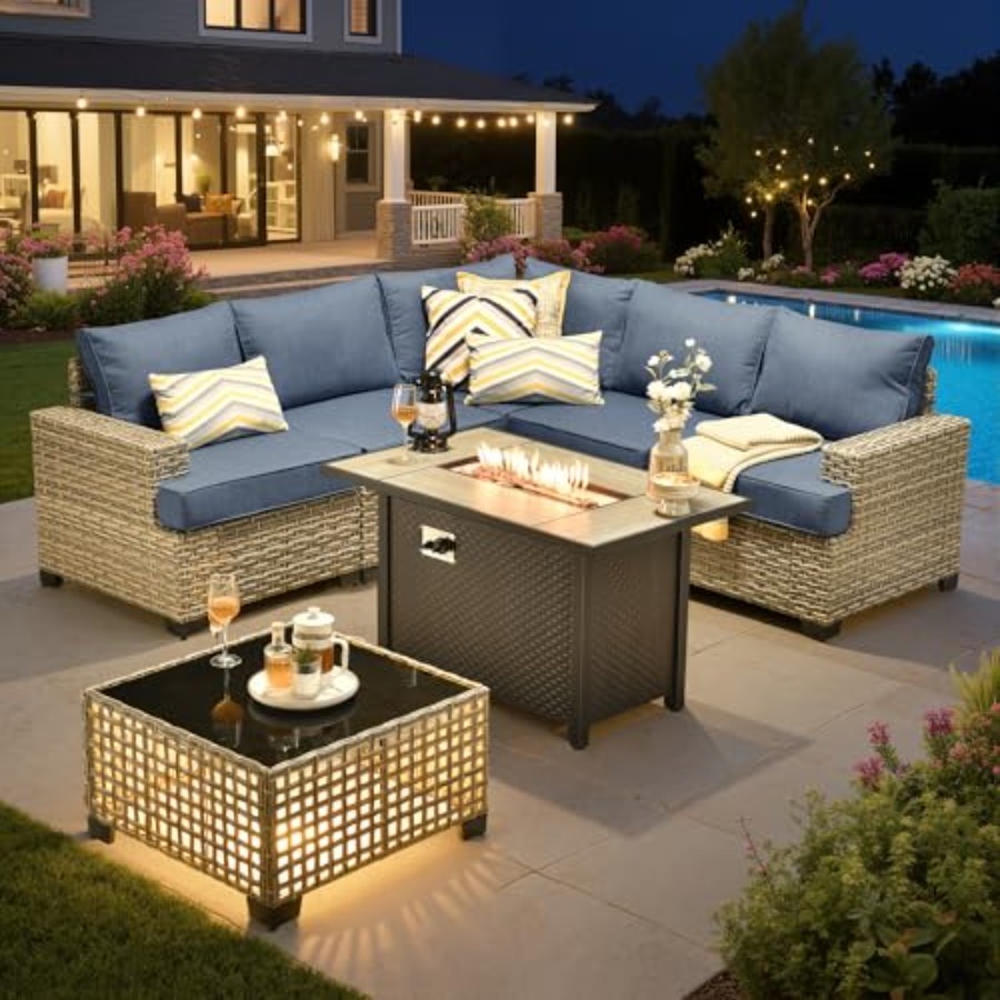 Outdoor Furniture Set With Fire Pit - ชุดเฟอร์นิเจอร์ระเบียงกลางแจ้งแบบแยกส่วนพร้อมเตาผิง, ชุดโซฟาหวายสำหรับพูดคุย, เฟอร์นิเจอร์รูปตัว L สำหรับกลางแจ้งพร้อมโต๊ะกาแฟเรืองแสง