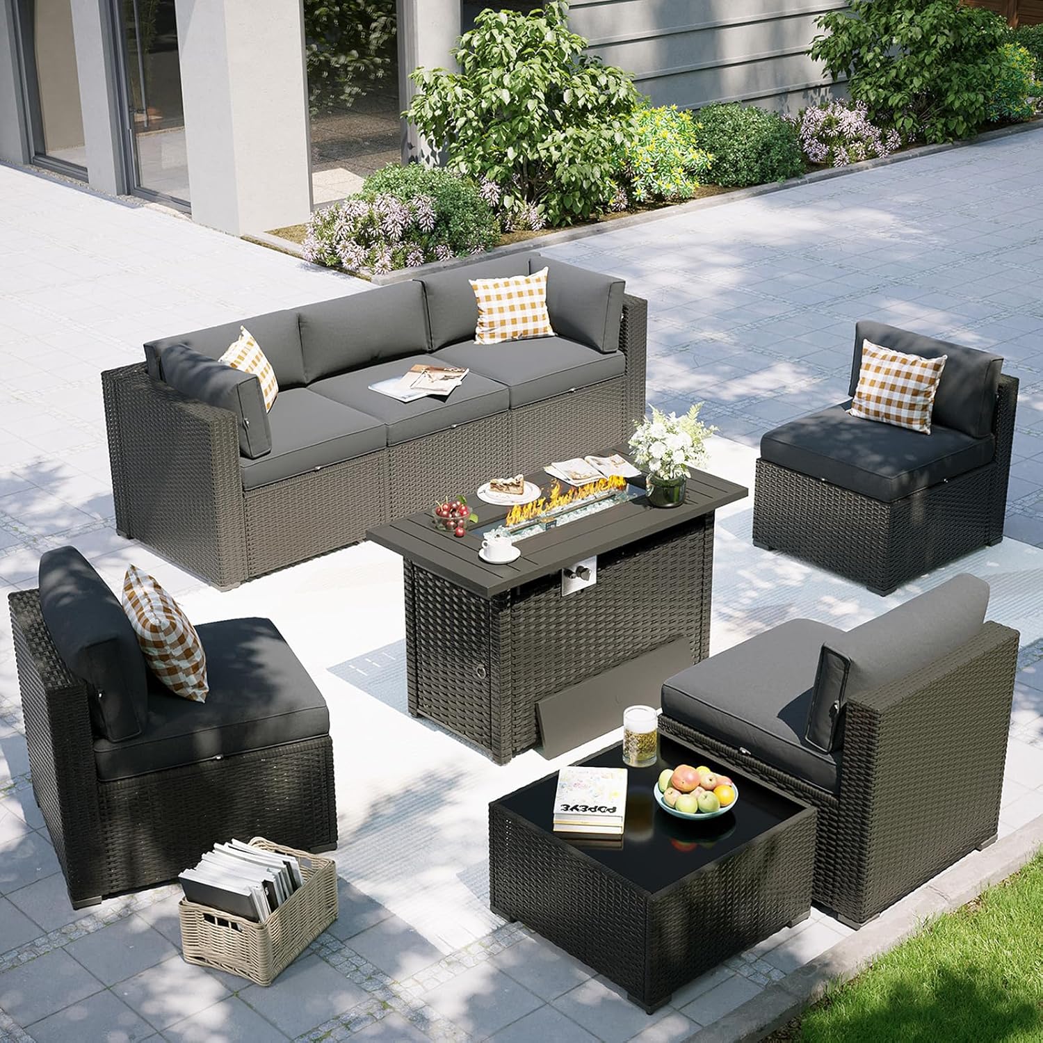 Outdoor Furniture Set With Fire Pit - ชุดเฟอร์นิเจอร์ลานบ้านพร้อมโต๊ะเตาผิง, โซฟาแบบแยกส่วนกลางแจ้ง 8 ชิ้น, เฟอร์นิเจอร์หวายกลางแจ้ง, ปรับแต่งได้