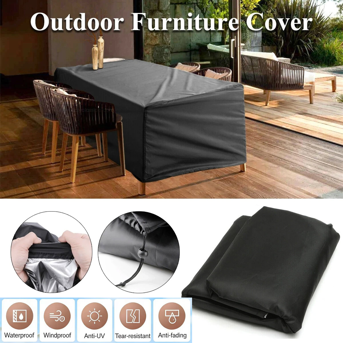 Outdoor Furniture Table And Chairs - ผ้าคลุมเฟอร์นิเจอร์กันน้ำสำหรับสวนกลางแจ้ง ขนาดที่ใช้บ่อย ป้องกันฝนและหิมะ ผ้าคลุมเก้าอี้ โซฟา โต๊ะ