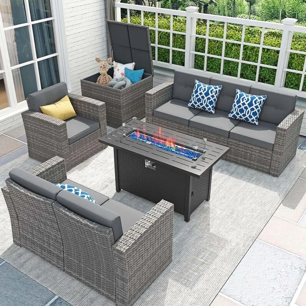 Outdoor Furniture Set With Fire Pit - ชุดเฟอร์นิเจอร์ลานบ้าน 8 ชิ้น พร้อมโต๊ะเตาไฟ 45 นิ้ว,