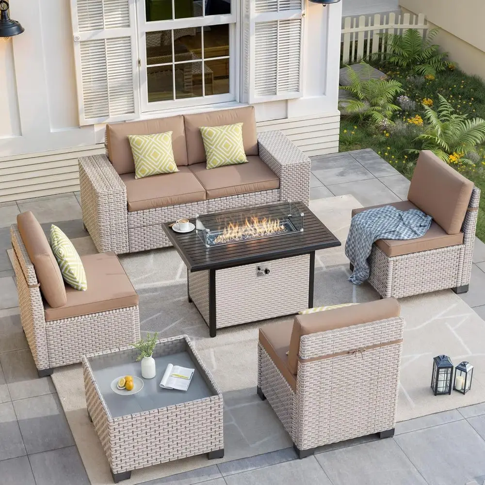 Outdoor Furniture Set With Fire Pit - ชุดเฟอร์นิเจอร์กลางแจ้ง 7 ชิ้น พร้อมเตาผิง, โซฟาแบบแยกส่วนพร้อมโต๊ะกาแฟกระจก, โซฟาหวายสีคาคี