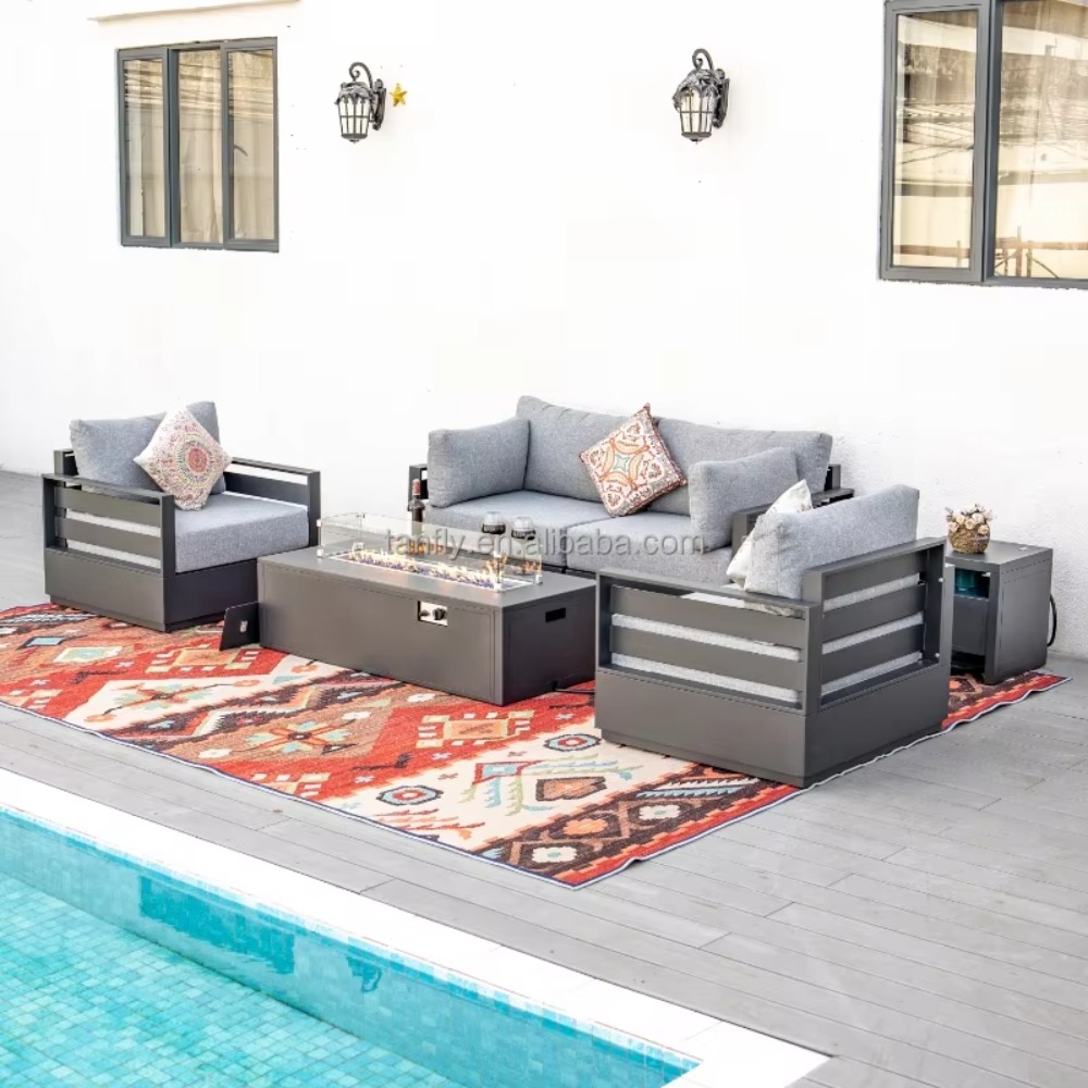 Outdoor Furniture Set With Fire Pit - ชุดเฟอร์นิเจอร์กลางแจ้งสำหรับโรงแรมวิลล่า ชุดโซฟาเฟอร์นิเจอร์สวนอะลูมิเนียมทันสมัย พร้อมโต๊ะเตาไฟ