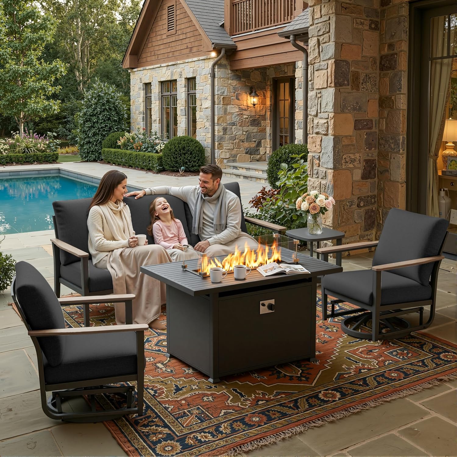 Outdoor Furniture Set With Fire Pit - ชุดเฟอร์นิเจอร์อลูมิเนียมสำหรับลานบ้าน 5 ชิ้น พร้อมเก้าอี้โยกแบบหมุนได้ เบาะรองนั่งขนาด 5
