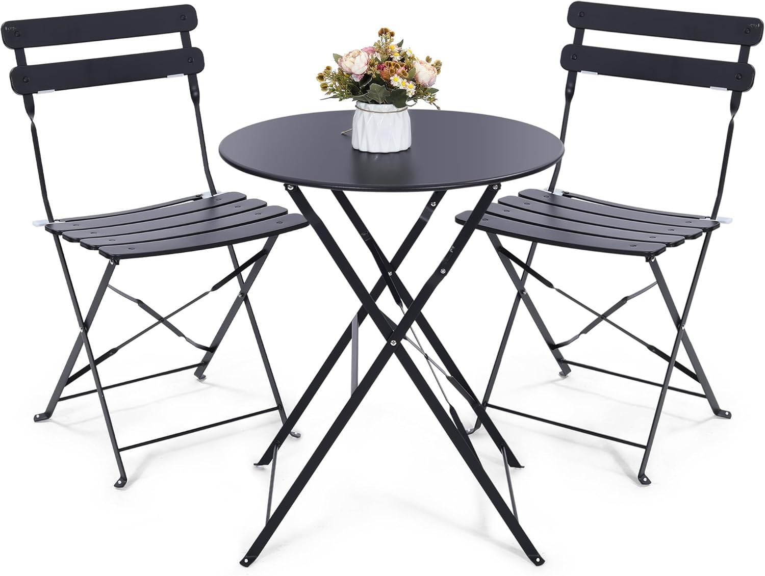 Outdoor Furniture Table And Chairs - ชุดโต๊ะบิสโทรกลางแจ้งแบบพับได้ 3 ชิ้น สีดำ ประหยัดพื้นที่ ประกอบด้วยโต๊ะกาแฟแบบพับได้