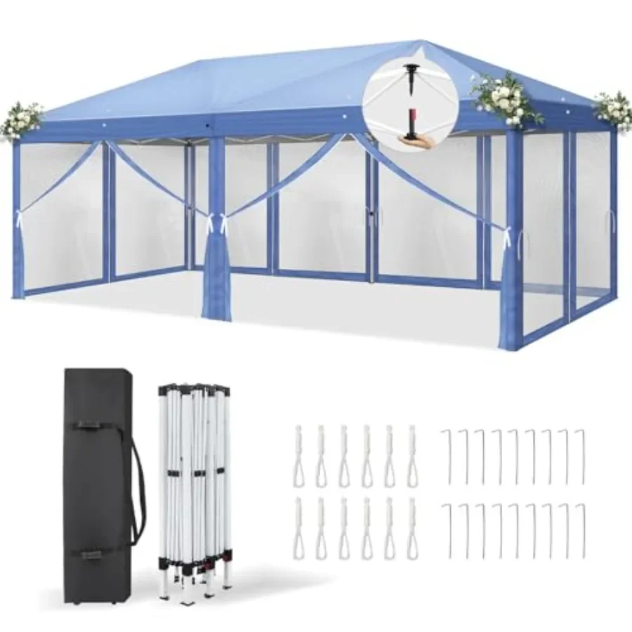 Gazebo Pop Up - เต็นท์ป๊อปอัพขนาด 10x20 พร้อมผนังด้านข้าง กระเป๋าล้อลาก เต็นท์ติดตั้งง่ายพร้อมมุ้งในศาลาสำหรับตั้งแคมป์ ขนาด