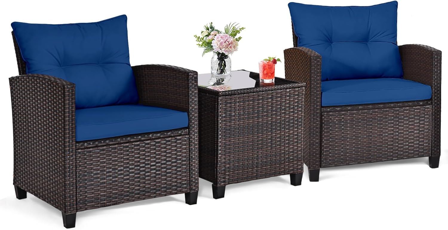 Outdoor Furniture Table And Chairs - ชุดบิสโทรกลางแจ้ง 3 ชิ้น ทำจากหวายสีน้ำเงินกรมท่า พร้อมเก้าอี้หวายบุเบาะและโต๊ะกาแฟกระจก เฟอร์นิเจอร์กันสภาพอากาศได้