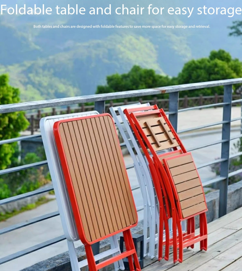 Outdoor Furniture Table And Chairs - ชุดโต๊ะและเก้าอี้พับได้สำหรับกลางแจ้งแบบมินิมอลทันสมัย ทำจากวัสดุ WPC เหมาะสำหรับใช้ในเชิงพาณิชย์ เฟอร์นิเจอร์สำหรับลานบ้าน บิสโทร